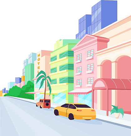 用于网页图形设计和动画的孤立卡通插图迈阿密街道平面颜色矢量对象