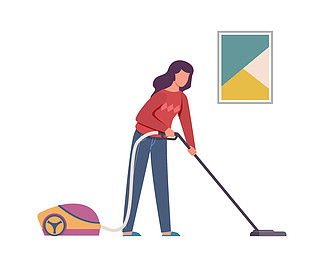 女性角色用真空吸尘器,清洁地板和做家务的地毯服务女佣打扫家