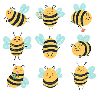 可爱的蜜蜂。有趣的黄色蜜蜂字符，手绘飞<i>行</i>蜜蜂孤立矢量插图图标集。昆虫与花朵和不同的面部表情。可爱的粉红色脸颊和微笑。可爱的蜜蜂。有趣的黄色蜜蜂字符，手绘飞<i>行</i>蜜蜂孤立矢量插图图标集