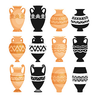 陶瓷古碗。古人装饰陶器矢量图、希腊粘土<i>工</i><i>艺</i>罐、陶罐和花瓶隔离在白色背景上。陶瓷古陶器物