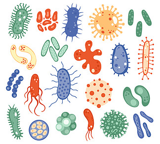 生物学微生物。生物病毒、细菌、病菌、感<i>染</i>细菌和传<i>染</i>原。微生物细胞矢量符号。显微杆菌，大流行性流感。生物学微生物。生物病毒、细菌、病菌、感<i>染</i>细菌和传<i>染</i>原。微生物细胞矢量符号