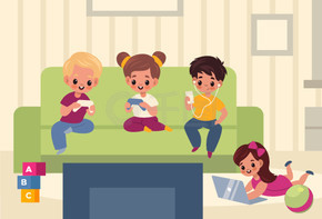 儿童游戏室。房间内有小玩意的孩子、男孩和女孩使用意味着社交交流、智能手机和笔记本电脑的新一代数字生活方式。沉迷于小工具矢量概念。儿童游戏室。有小玩意的孩子、男孩和女孩使用意味着社交交流、智能手机和笔记