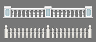 经典罗马风格的白色大理石栏杆、阳台、门廊或花园扶手。矢量逼真的石栏杆<i>部</i>分、带柱子和装饰柱的栏杆。汉白玉栏杆、阳台石栏杆