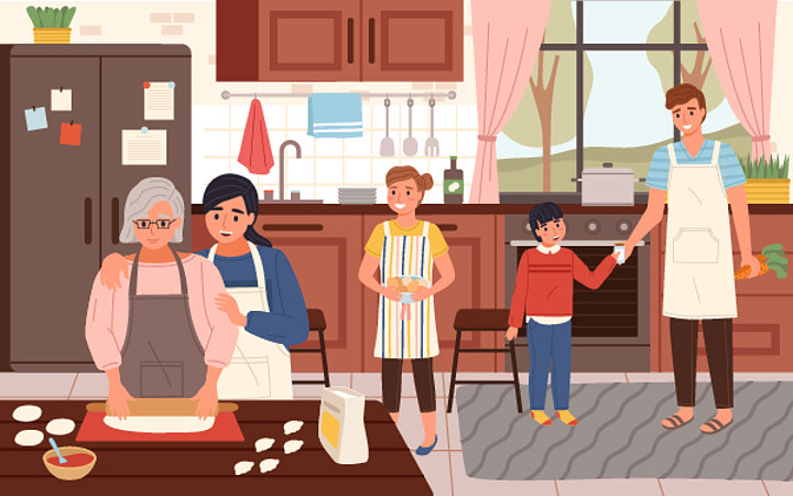 父母,孩子和祖母一起做饭,与人一起做详细的厨房内部