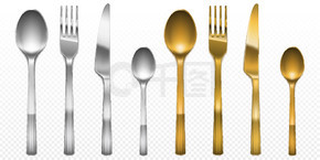 金色和银色叉子、刀子和勺子套装的 3d 餐具。银器和金器，餐饮豪华金属餐具顶视图隔离在透明背景，逼真的矢量图。 3d 餐具金色和银色叉子、刀子和勺子