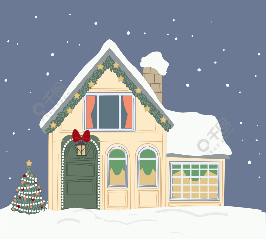 在建筑的圣诞装饰与覆盖着雪的屋顶有铃铛和花环的房子外面有松树庆祝