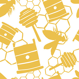 苍白的无缝随机图案与黄色蜜蜂、蜂巢、蜂蜜勺剪影、浅色背景与蜂窝。非<i>常</i>适合面料设计、纺织品印花、包装、封面。矢量图。淡色无缝随机图案与黄色蜜蜂、蜂巢、蜂蜜勺剪影、浅色背景与蜂窝。