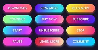 彩色渐变按钮。<i>阅</i>读、查看和了解更多按钮。立即购买、<i>订</i><i>阅</i>和颜色评论按钮矢量集。圆形项目符号作为暂停、继续、下载网站或游戏。彩色渐变按钮。<i>阅</i>读、查看和了解更多按钮。立即购买、<i>订</i><i>阅</i>和颜色评论按钮矢量集