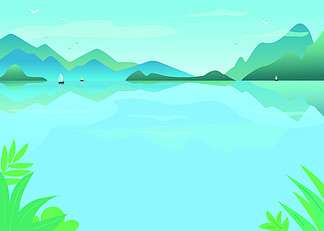 白天环境 2d 卡通景观,背景为天空湖与蓝色 i