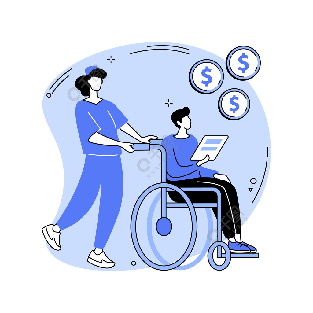 护理津贴抽象概念矢量图养老金贡献老年残疾人定期护理步行者轮椅家庭
