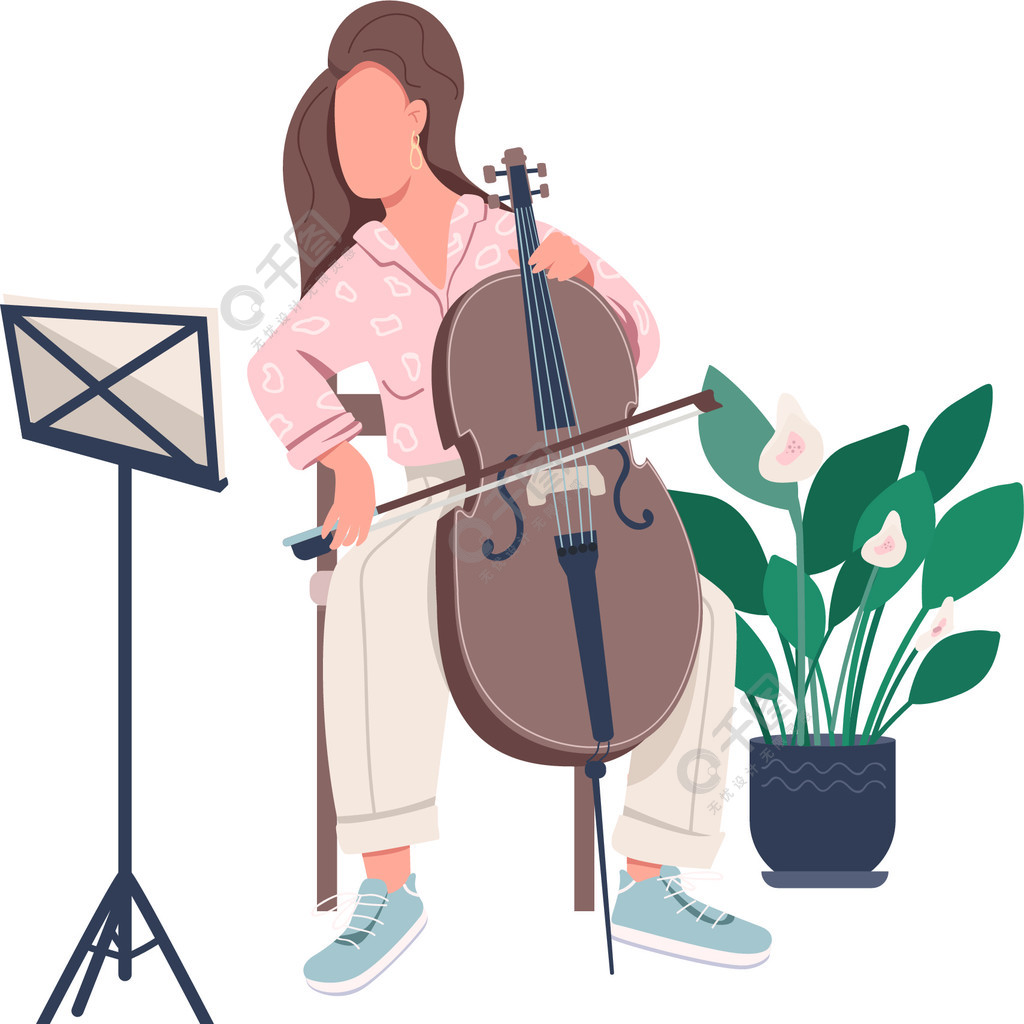 女音乐家平面彩色矢量不露面人物女人学会拉大提琴女性练习乐器用于
