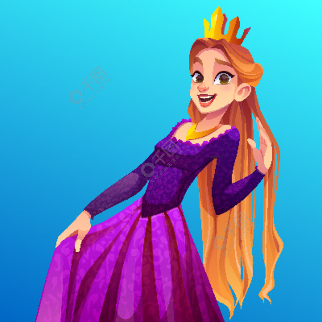 长头发的公主穿着复古连衣裙和金冠的可爱女孩穿着女王服装的快乐年轻