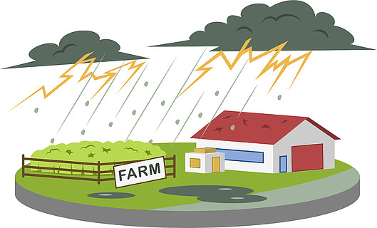 雷暴在农场卡通矢量图雷声和闪电大雨和冰雹极端的天气条件灾害