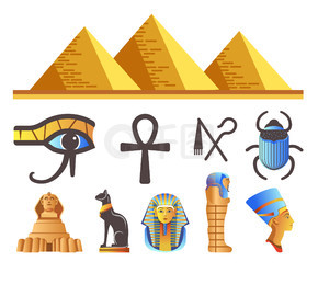 古埃及金字塔、埃及众神和法老王孤立的图标矢量。旅行，荷鲁斯之眼和安赫，圣甲虫和狮身人面像，黑猫和木乃伊棺材。埃及艳后头、建筑和地标。埃及金字塔和法老王、埃及符号和地标孤立的图标