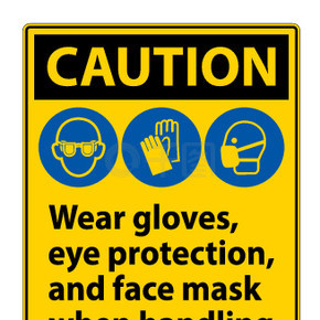 小心戴手套、护眼和面罩标志隔离在白色背景上，矢量图 EPS.10