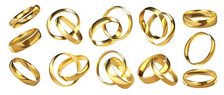 戒指对。 3D 金色婚礼闪亮配饰。现实的婚姻或订婚有光<i>泽</i>的珠宝。从不同的角度看孤立的传统珠宝。黄金首饰，矢量符号对象集。戒指对。 3D 金色婚礼配件。现实的结婚或订婚首饰。从不同的角度看孤立的传统珠宝