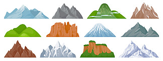 卡通山。白雪皑皑的山峰、山丘、冰山、岩石山攀登悬崖。<i>景</i>观和旅游远足地图元素矢量集。山<i>景</i>，山峰户外远足插图。卡通山。白雪皑皑的山峰、山丘、冰山、岩石山和攀登悬崖。<i>景</i>观和旅游远足地图元素矢量集