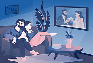 夫妇看电视卡通家庭坐在沙发上看电视节目,微笑的夫妻共度时光
