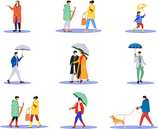 带雨伞的人平<i>面</i>颜色矢量<i>不</i><i>露</i><i>面</i>字符集。行走的白种人。下雨天。穿着雨衣的男女在白色背景上孤立的卡通插图