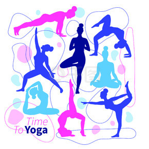 女性练习瑜伽平盖病媒。呆在家里瑜伽冥想练习卡通。一组瑜伽姿势的轮廓与极简主义风格的流行几何形式。运动和健身的线性时尚插画。健康生活方式健身活动图片。
