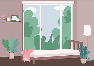 现代卧室室内平面彩色矢量图。现代房间里的舒适床和室内植物。 2D 卡通内部与树木在白天背景窗口后面的视图。现代卧室室内平面颜色矢量图