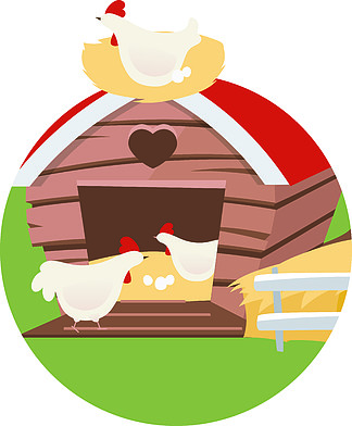 养鸡场,亨利鸡窝里的母鸡白色背景上的孤立卡通插图