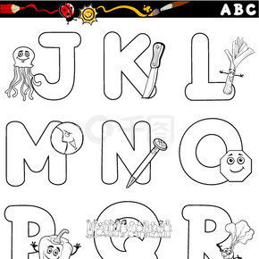 大写字母的黑白卡通插图与儿童教育从 j 到 r 的对象为着色书