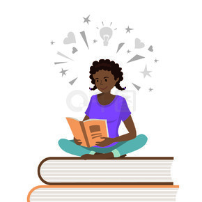 非裔美国女青少年读书，学习过程概念，在白色背景下隔离，平面矢量图。非裔美国女青少年读书，学习过程骗局