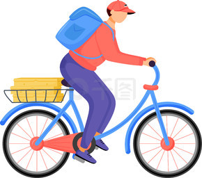 食品骑手，披萨送货员平面彩色矢量不露面人物。男快递员骑自行车。用于网页图形设计和动画的外卖、快餐配送服务孤立的卡通插图