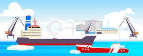 极地站平面彩色矢量图。北极港口 2D 卡通景观，背景是冰川。北极资源开采设施。有油轮、货船的工业现场