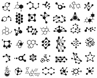 连接的分子图标。分子结构标志。连接科<i>学</i>分子、<i>化</i><i>学</i>原子、<i>化</i><i>学</i>抽象分子结构图解。连接的分子图标。分子结构标志集