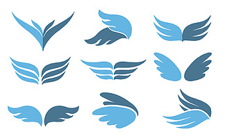 一组 9 个矢量蓝色翅膀标<i>志</i>符号或插图。插图隔离哦白色背景。矢量元素集翅膀标<i>志</i>符号