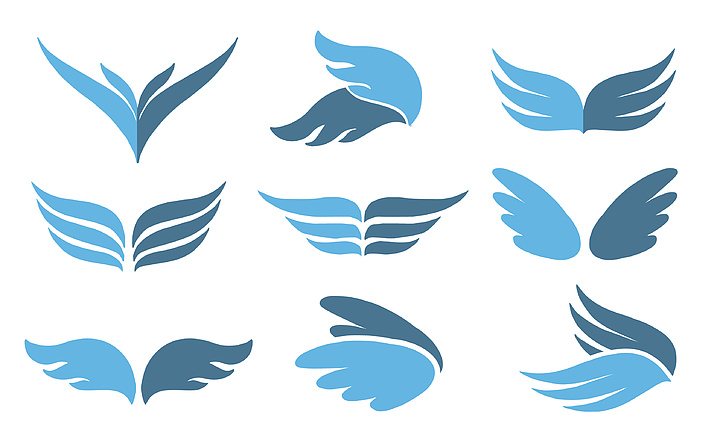 一组 9 个矢量蓝色翅膀标志符号或插图