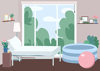 家庭分娩室平面彩色矢量插图。给妈妈的<i>床</i>。家庭中心的公寓。用于 Lamaze 方法的充气浴缸和球。公寓 2D 卡通内部与背景上的窗口。家庭分娩室平面彩色矢量图