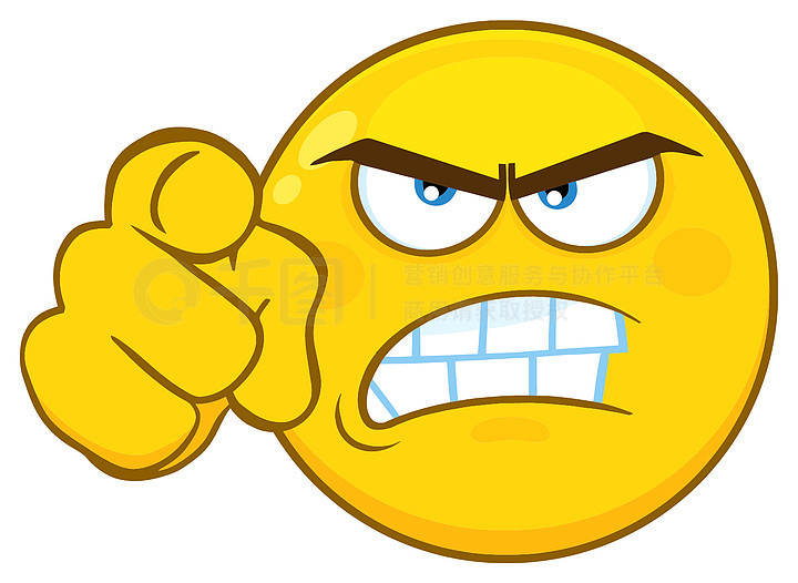 愤怒的黄色卡通表情脸字符与攻击性的表情指向