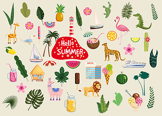 一套可爱的时尚你好夏季图标食物、饮料、仙人掌、鲜花、棕榈叶。一套可爱的时尚你好夏天图标食物、饮料、仙人掌、鲜花、棕榈叶、水果、冰淇淋、平房、酒店、船、船、豹子、狮子、鳄<i>鱼</i>、骆驼和火烈鸟。明亮的夏天海报