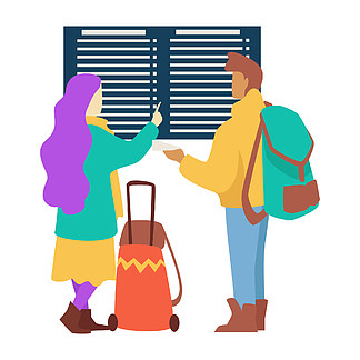 旅行的旅行者夫妇在机场检查航班<i>时</i>间表矢量 mn 和女人带着背包和手提箱出发和<i>到</i>达<i>时</i>间等待飞机旅行或旅行假期或国外假期。旅行者夫妇在机场检查航班<i>时</i>间表旅行