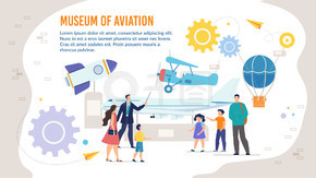 邀请运输历史航空和技术博物馆的海报。男子指南为有孩子的快乐兴奋的家庭进行游览。飞机, 客机, 热气球, 火箭博览会