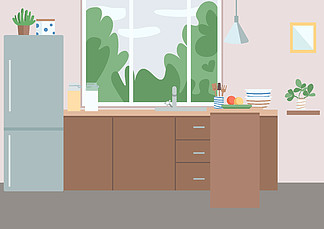 厨房平面彩色矢量图。住宅家具。靠近橱柜的冰<i>箱</i>。柜台上的厨具、用具和电器。餐厅 2D 卡通内饰，背景为窗户
