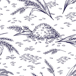 水稻无缝模式。手绘植物和谷物质地，食品包装用米粉草<i>图</i>。矢量<i>图</i>黑白涂鸦有机食品背景。水稻无缝模式。手绘植物和谷物质地，食品包装用米粉草<i>图</i>。矢量涂鸦有机食品背景