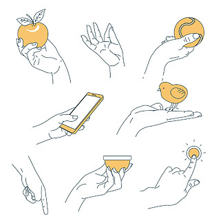 人掌握物<i>手</i>轮廓分离矢量身体部分苹果网球和智能<i>手</i>机和鸟杯和门铃<i>手</i>势和<i>手</i>册，标志<i>手</i><i>指</i>位置运动和身体解剖。<i>手</i>人<i>手</i>掌拿着物体隔离的身体部位