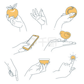 人掌握物手轮廓分离矢量身体部分苹果网球和智能手机和鸟杯和门铃手势和手册，标志手指位置运动和身体解剖。手人手掌拿着物体隔离的身体部位