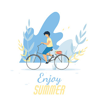 与卡通男孩骑自行车一起享受夏日文字横幅。骑自行车的年轻骑自行车者。矢量平面<i>动</i>机插图与树叶设计。户外活<i>动</i>、休息时间、生态交通、健康生活方式。与卡通男孩骑自行车一起享受夏日文字横幅