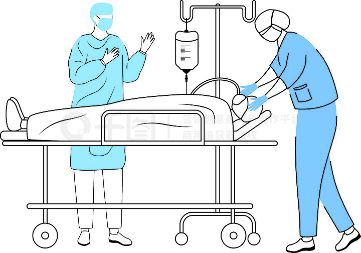 外科手术平面矢量图麻醉师和外科医生与病人在轮床上简单的卡通人物