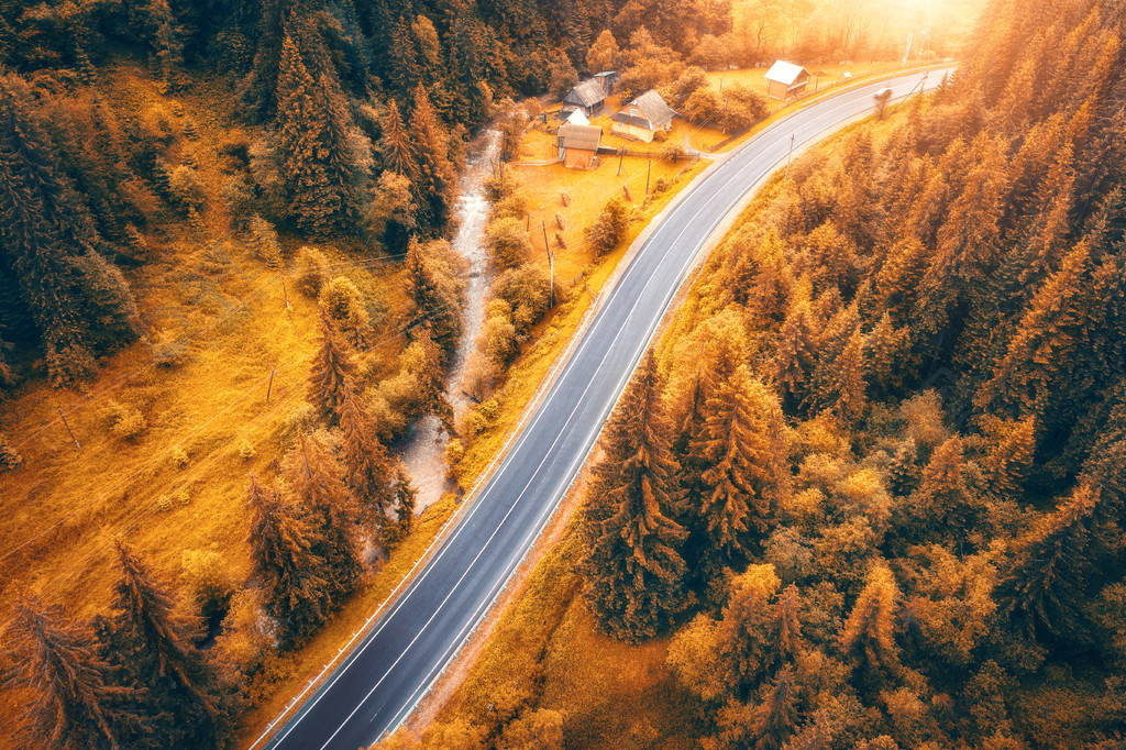 秋天日落時美麗的橙色森林中的道路鳥瞰圖五顏六色的景觀與道路秋天的