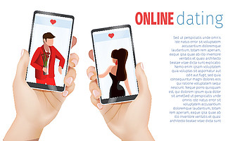 男性女性 3d 逼真的手拿着手机与约会应用程序屏幕矢量插图。<i>情</i>侣在线互联网服务应用寻找爱<i>情</i>约会调<i>情</i>沟通理念。男性女性手拿着手机约会应用程序