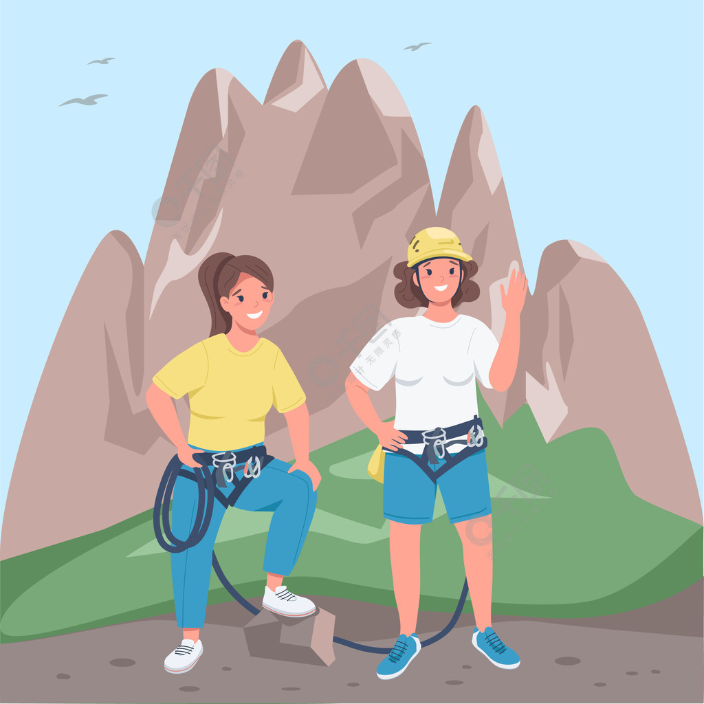 背景为山的 2d 卡通人物女性登山者平面彩色矢量图