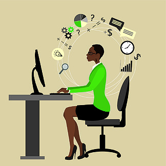 非洲裔美国女商人或办<i>公</i><i>室</i>工作人员在电脑前工作，互联网通信，矢量图。在电脑前工作的女商人或办<i>公</i><i>室</i>职员