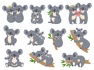 可爱的考拉和宝宝。卡通小考拉和妈妈。澳大利亚熊情侣拥抱。婴儿淋浴派对。自然丛<i>林</i>动物矢量集。插图卡通考拉动物，可爱的熊宝宝。可爱的考拉和宝宝。卡通小考拉和妈妈。澳大利亚熊情侣拥抱。婴儿淋浴派对。自然丛<i>林</i>