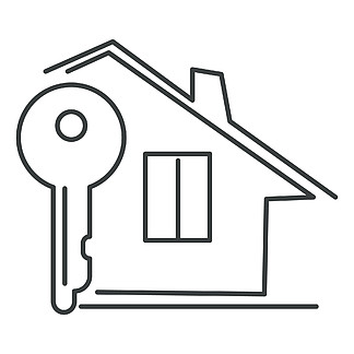 房地产孤立的轮廓图标矢量，私有财产。房屋建筑和钥匙，出租或买卖，郊区建设和访问工具。外部轮廓符号、乡村小屋或家。私人住宅和钥匙，房地产隔离线性图标